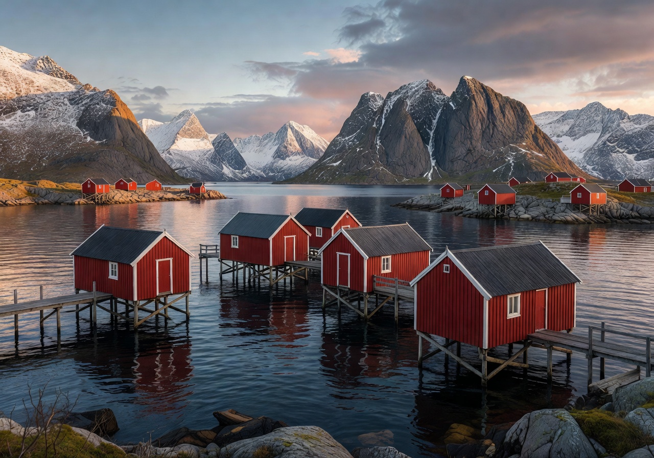 Lofoten Islands with red fishing cabins