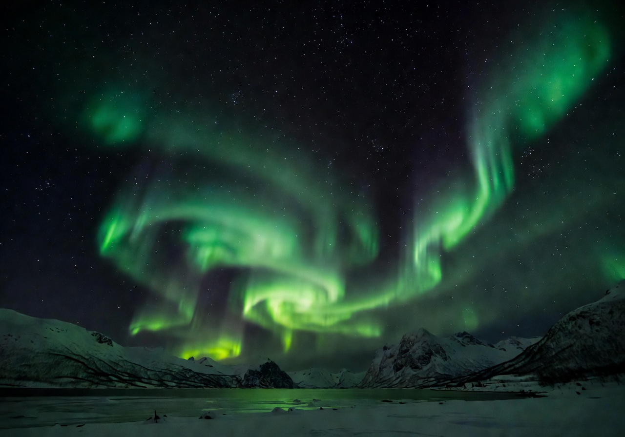Beautiful green Northern Lights over Norway