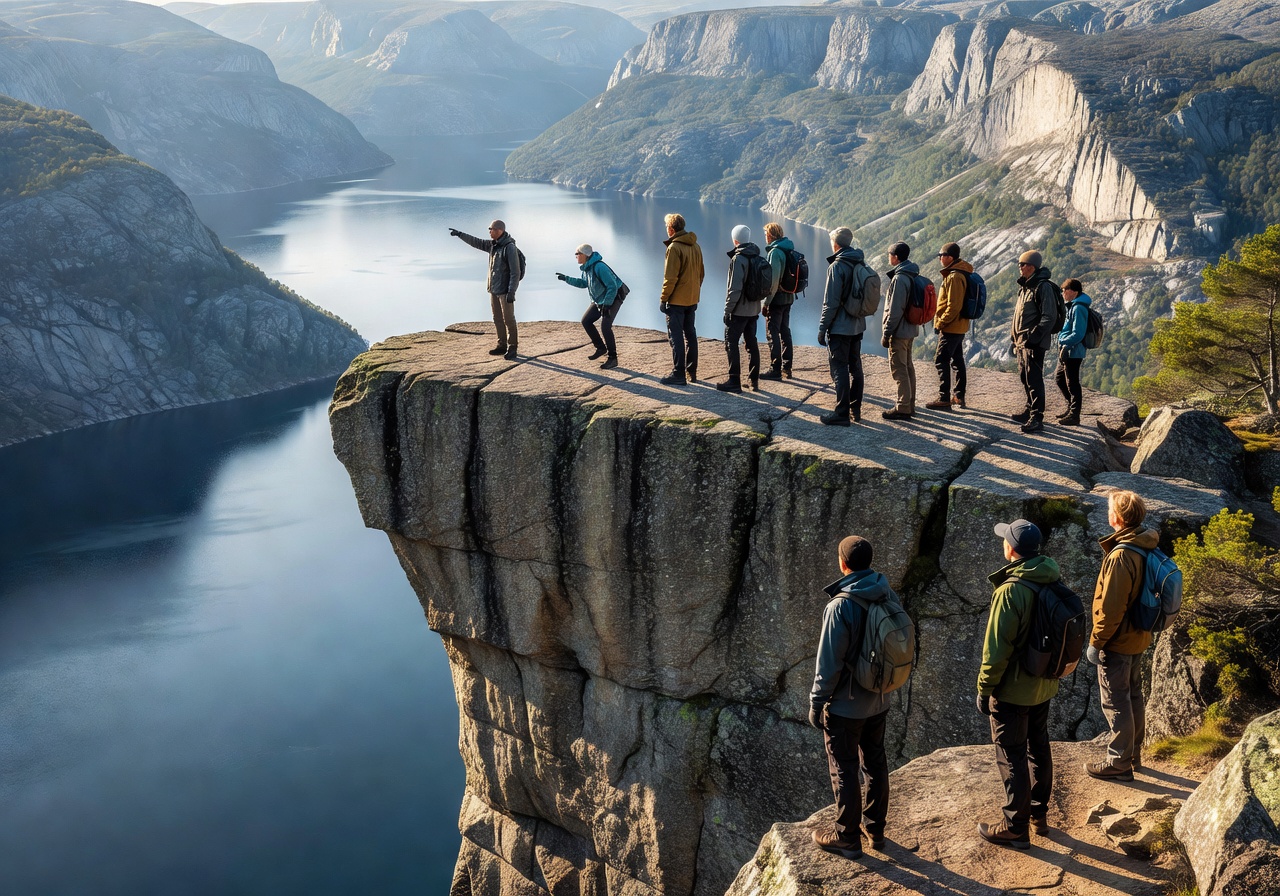 Hikers standing on Preikestolen Pulpit Rock